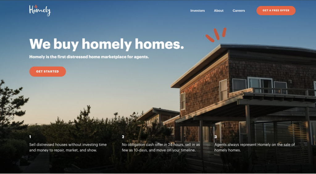 View of Homely's website featuring its logo and slogan